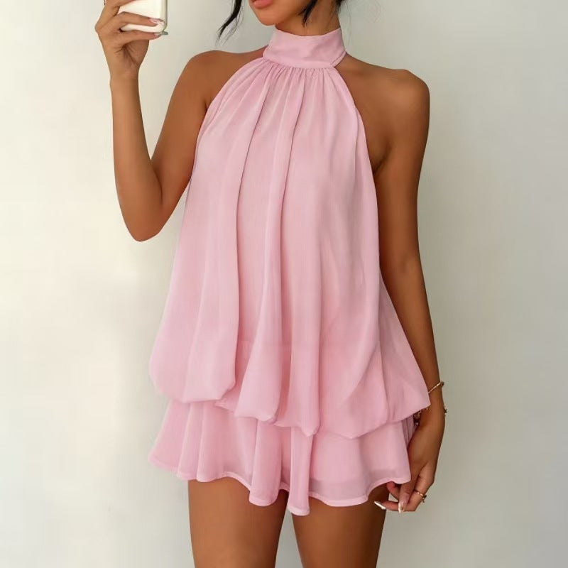 Women's Mini Dress Chiffon Halter Neck Tiered Ruffle Sleeveless 6