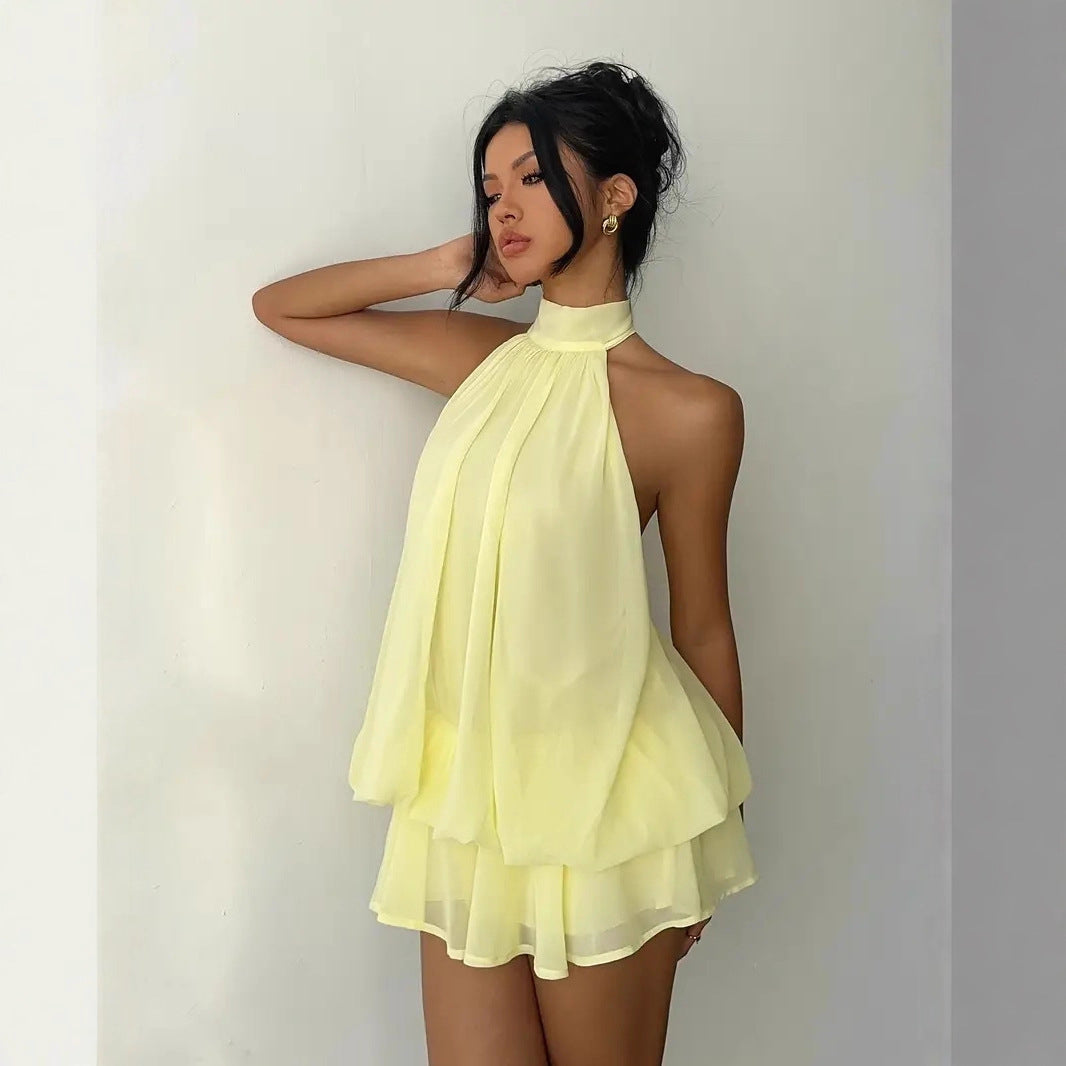 Women's Mini Dress Chiffon Halter Neck Tiered Ruffle Sleeveless 9