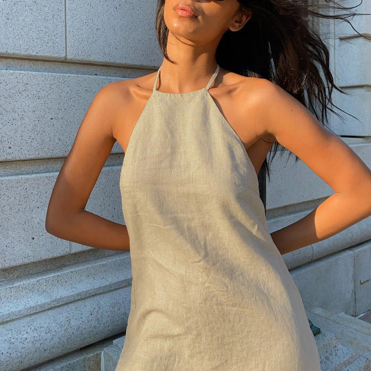 Women's Mini Dress Halter Neck Linen Cotton A-Line 1