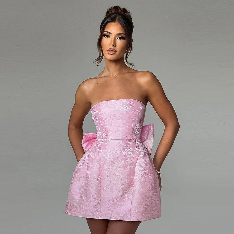 Women's Mini Dress Strapless Jacquard Floral Bow Back A-Line 1