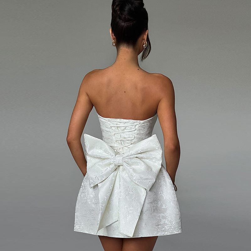 Women's Mini Dress Strapless Jacquard Floral Bow Back A-Line 3