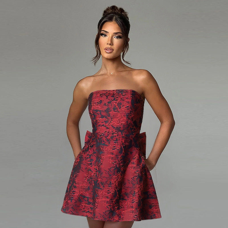 Women's Mini Dress Strapless Jacquard Floral Bow Back A-Line 7