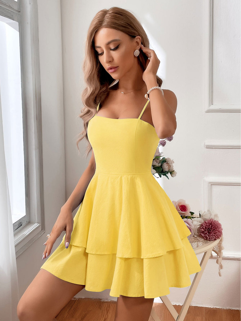 Women's Mini Dress Tiered Ruffle Spaghetti Strap 6