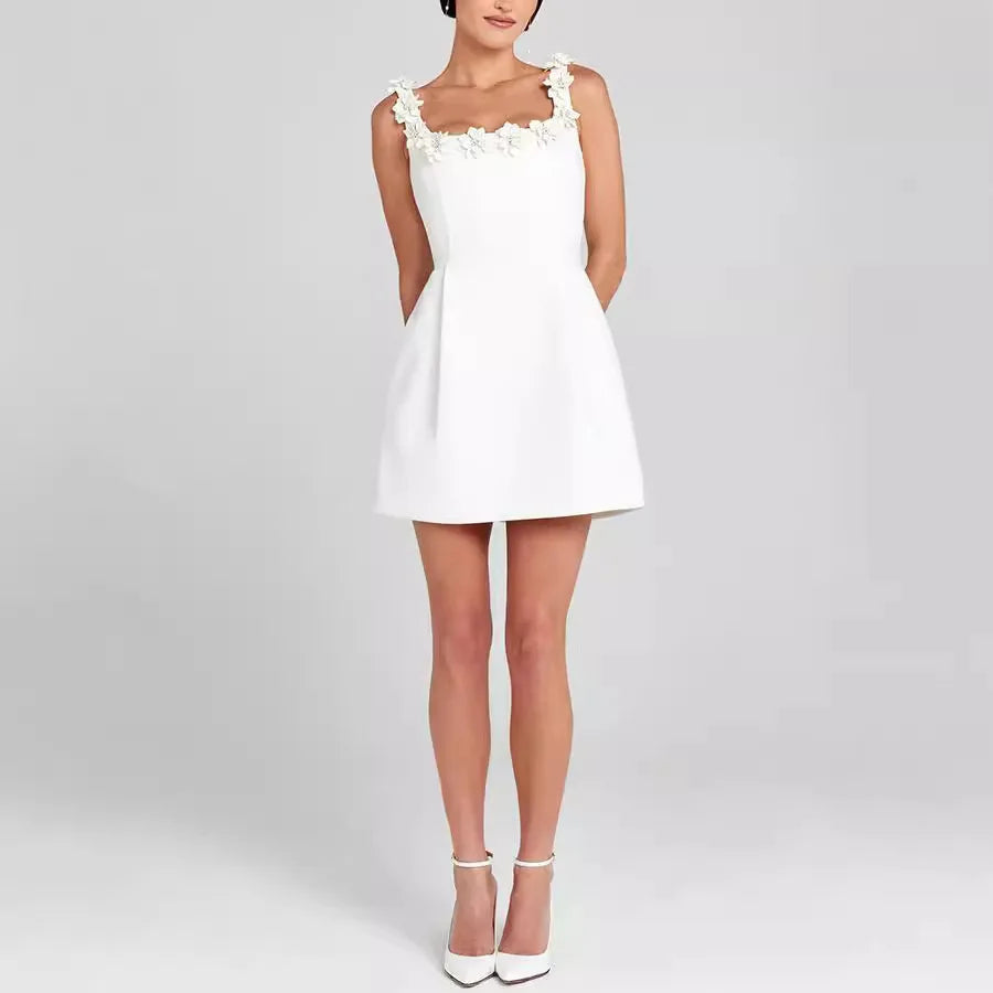 Women’s Mini Sheath Dress – Square Neck with Floral Detail 2