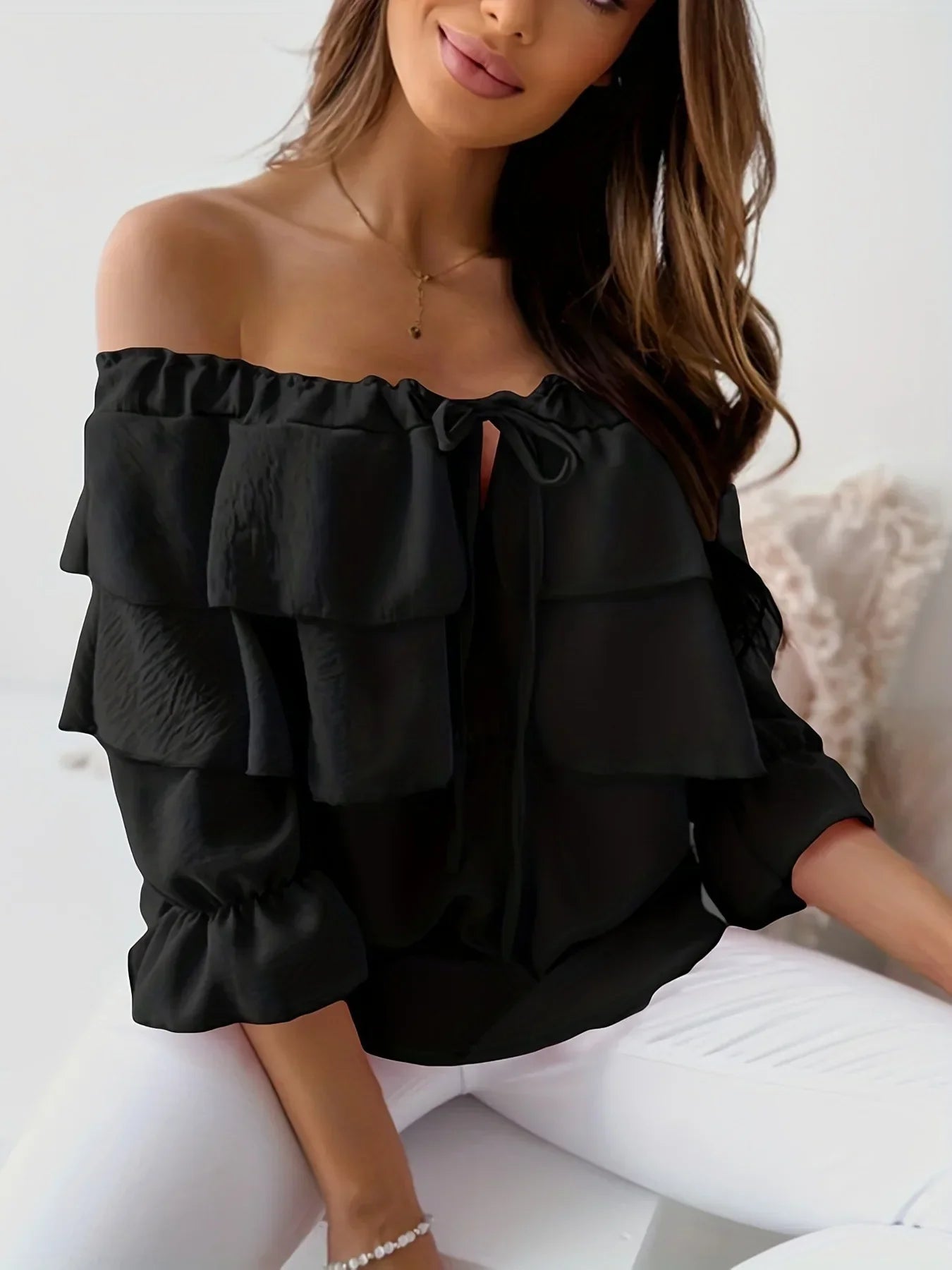 Women's Off-Shoulder Tiered Ruffle Long Sleeve Tie-Front Blouse 1