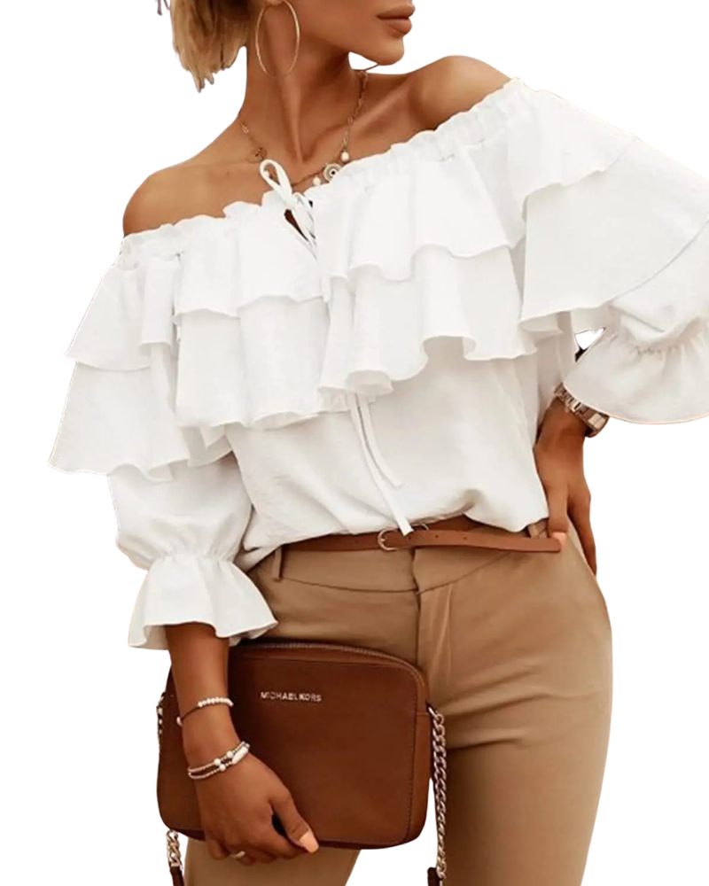 Women's Off-Shoulder Tiered Ruffle Long Sleeve Tie-Front Blouse 2