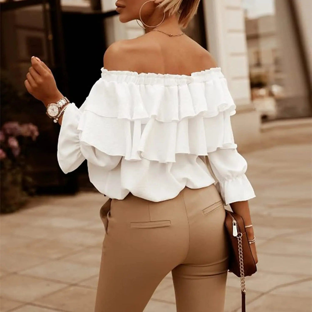 Women's Off-Shoulder Tiered Ruffle Long Sleeve Tie-Front Blouse 3