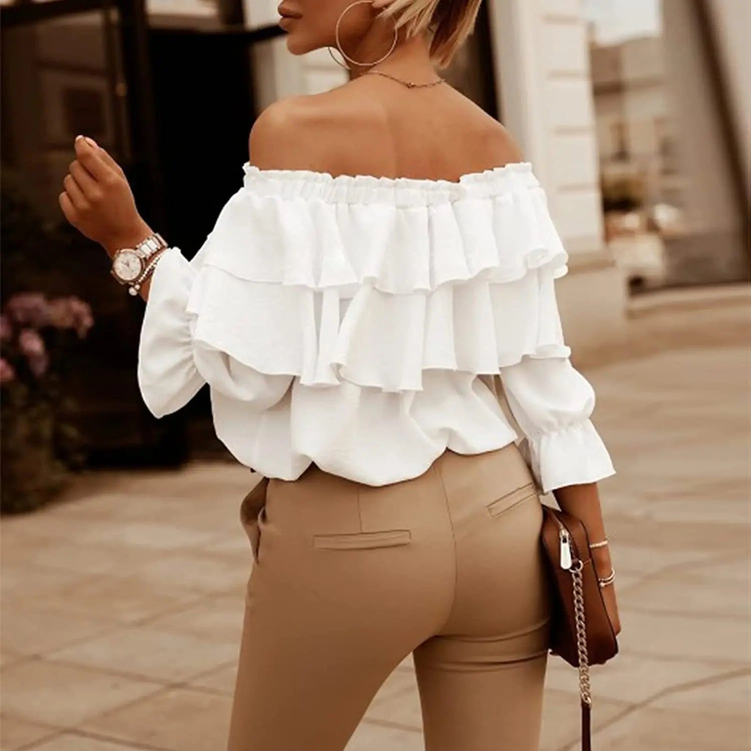 Women's Off-Shoulder Tiered Ruffle Long Sleeve Tie-Front Blouse 3