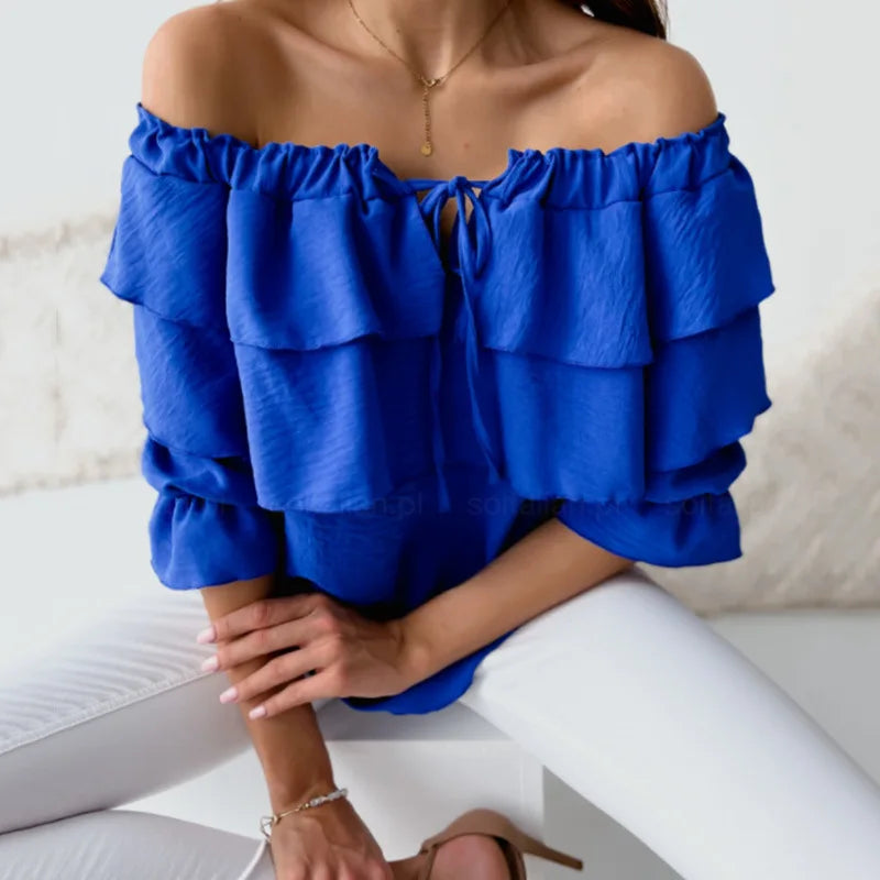 Women's Off-Shoulder Tiered Ruffle Long Sleeve Tie-Front Blouse 4