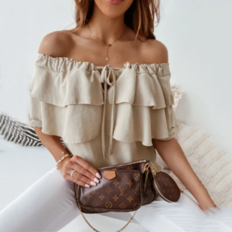 Women's Off-Shoulder Tiered Ruffle Long Sleeve Tie-Front Blouse 5