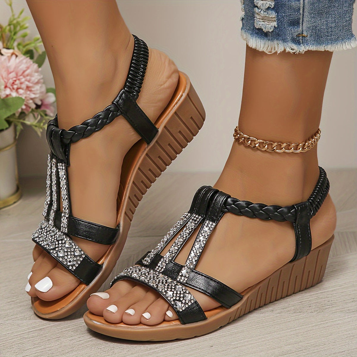 Women's Orthopedic T-Strap Wedge Sandals 6