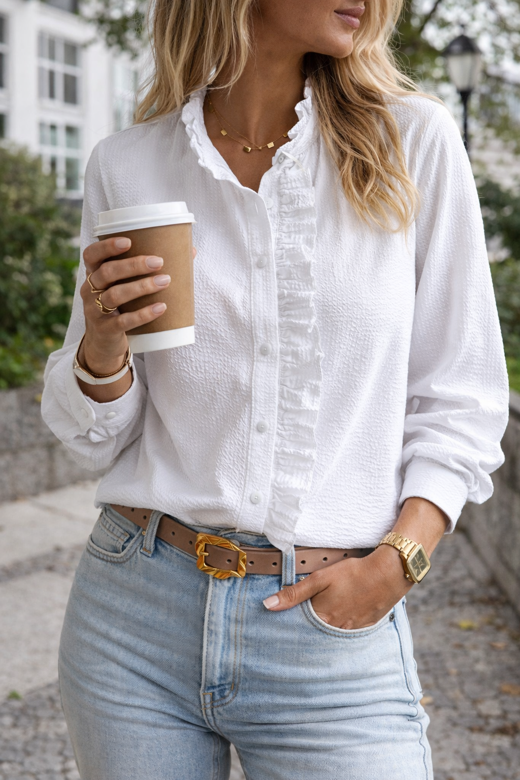 Women's Ruffle Detail Button Front Long Sleeve Blouse 2