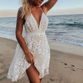 Women’s Sleeveless Deep V-Neck Mini Dress with Lace Overlay and Open Back 0