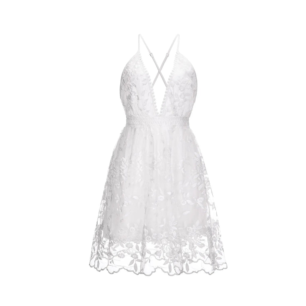 Women’s Sleeveless Deep V-Neck Mini Dress with Lace Overlay and Open Back 2