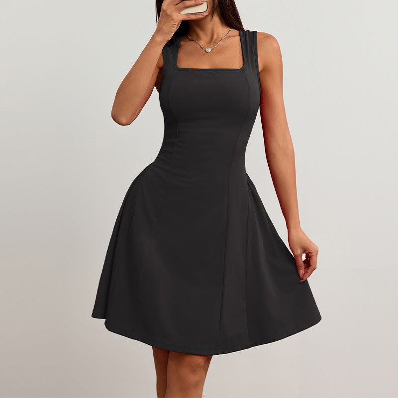 Women's Square Neck Fit-and-Flare Mini Dress with Wide Straps 0