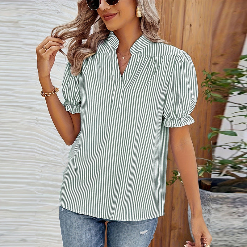 Women's Striped V-Neck Blouse with Puff Sleeves and Pleated Yoke 0