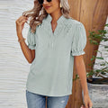 Women's Striped V-Neck Blouse with Puff Sleeves and Pleated Yoke 0