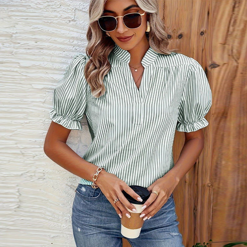Women's Striped V-Neck Blouse with Puff Sleeves and Pleated Yoke 1