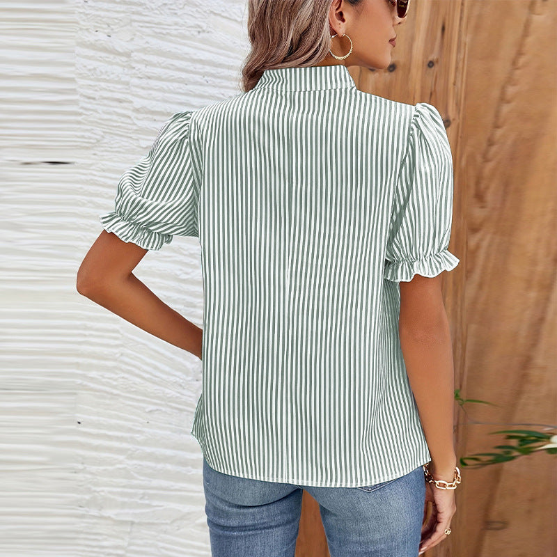 Women's Striped V-Neck Blouse with Puff Sleeves and Pleated Yoke 3