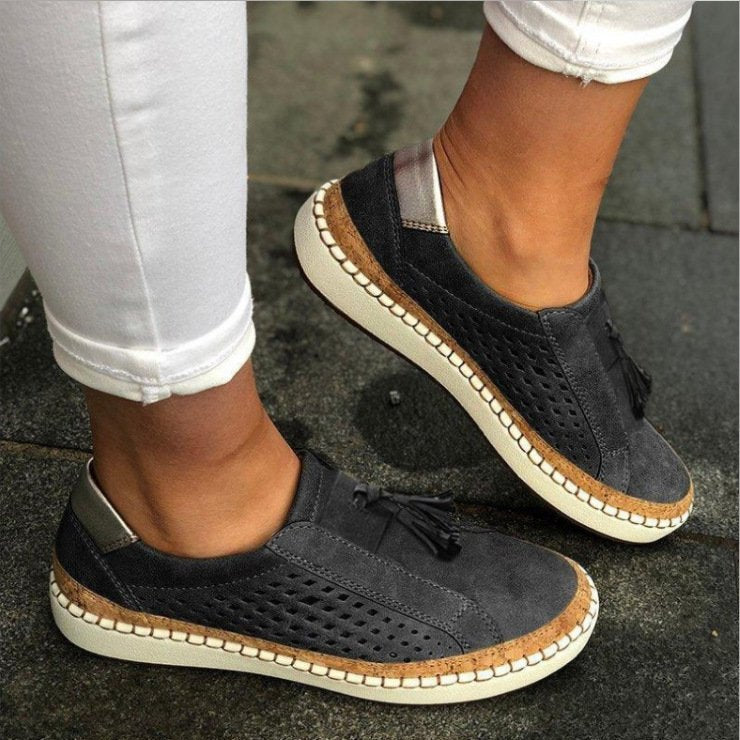 Women's Suede Perforated Tassel Slip-On Comfortable Sandals 0