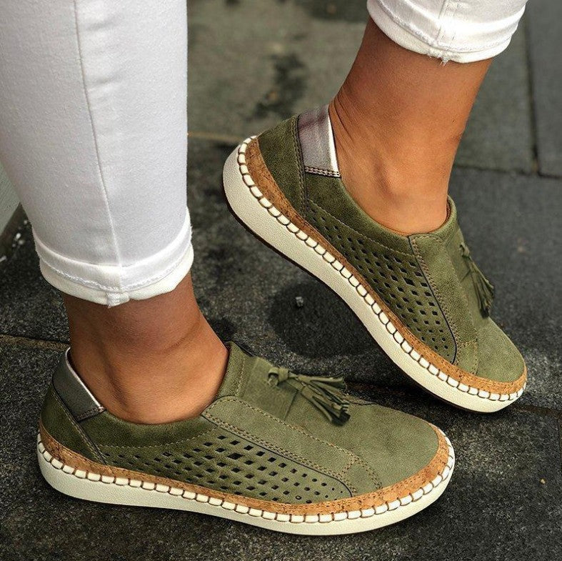 Women's Suede Perforated Tassel Slip-On Comfortable Sandals 1