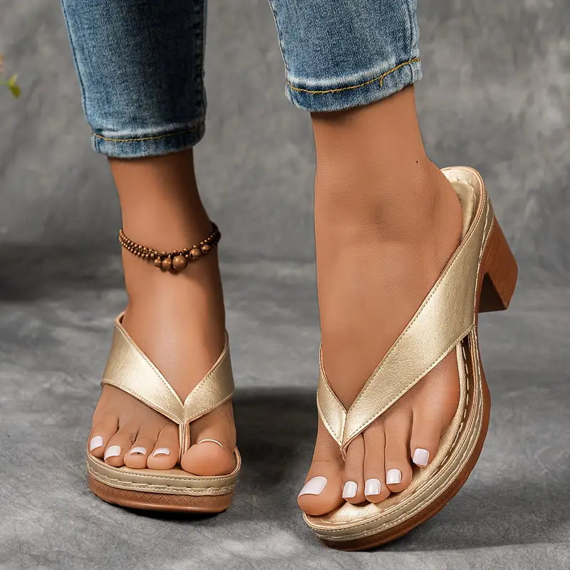 Women's Thong Platform Block Heels - V-Strap Toe Post Sandals 0