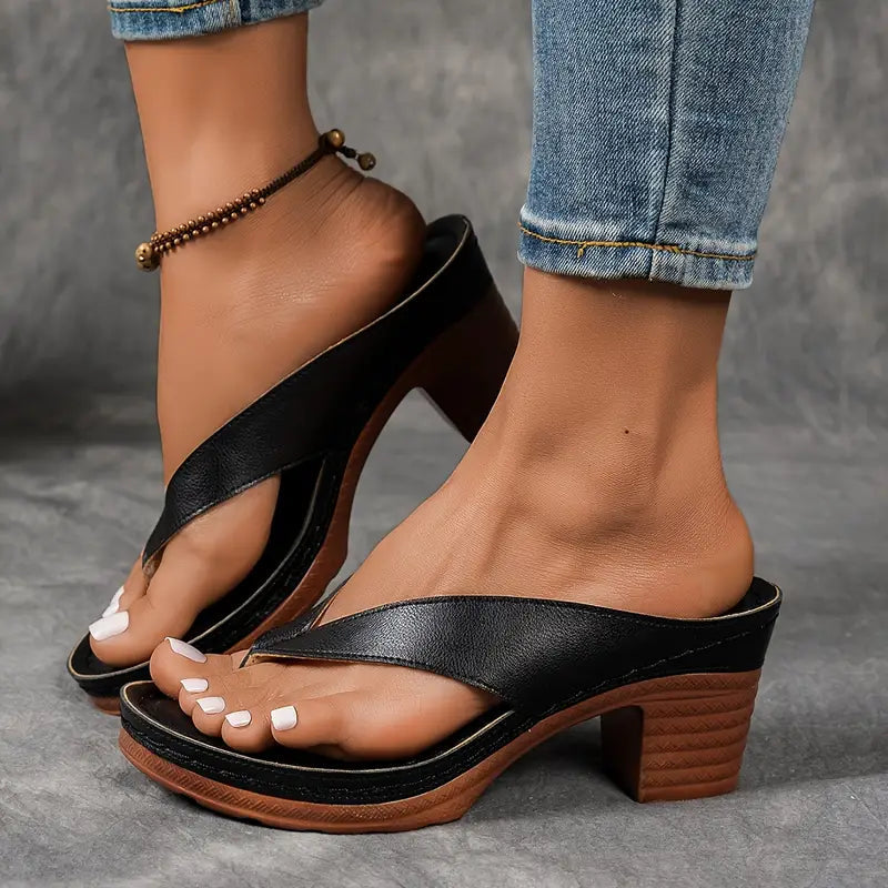 Women's Thong Platform Block Heels - V-Strap Toe Post Sandals 1