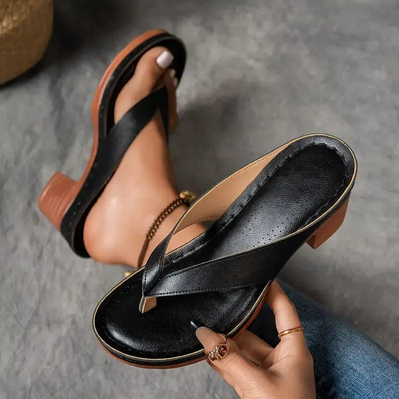 Women's Thong Platform Block Heels - V-Strap Toe Post Sandals 6