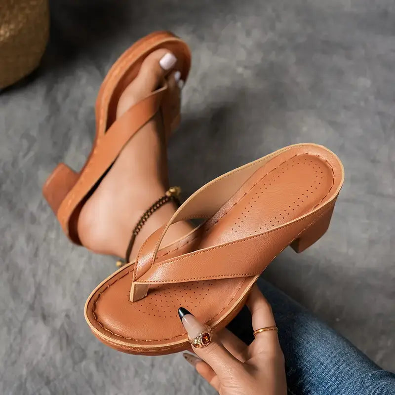 Women's Thong Platform Block Heels - V-Strap Toe Post Sandals 7