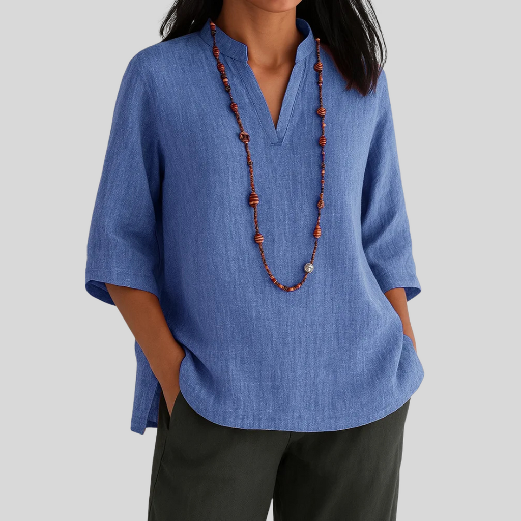 Women's Three Quarter Sleeve V-Neck Tunic Blouse - Side Slits 1