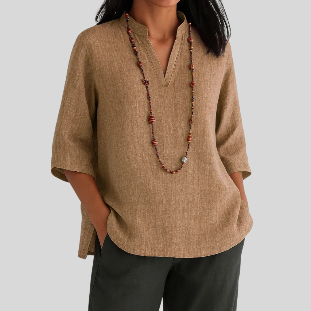 Women's Three Quarter Sleeve V-Neck Tunic Blouse - Side Slits 2