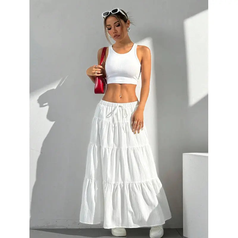 Women's Tiered Maxi Skirt - Drawstring Elastic Waist Ruffled 2