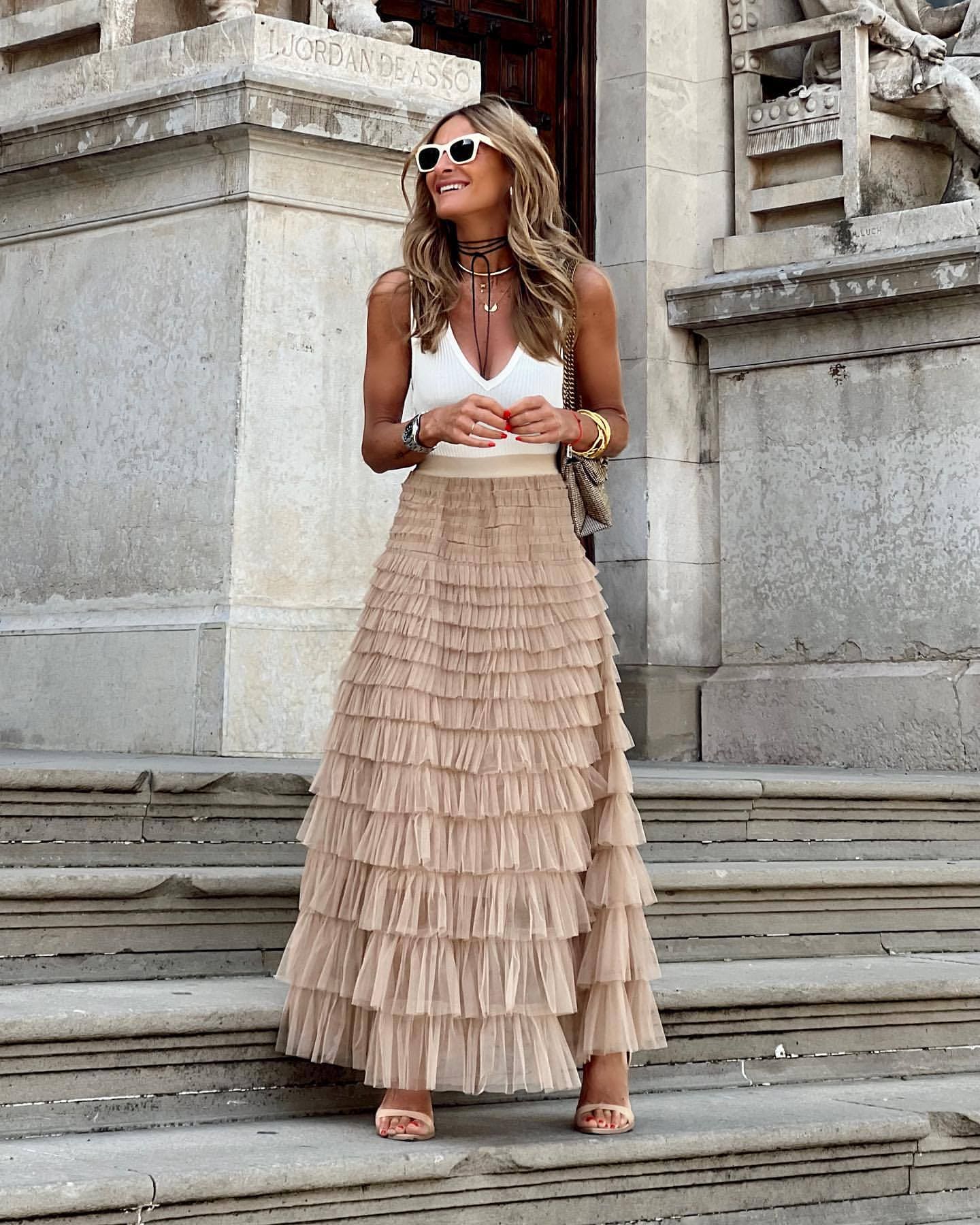 Women's Tiered Tulle Maxi Skirt - Elasticated High Waist and Multi-Layer Ruffles 0