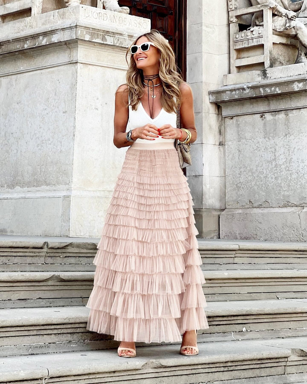 Women's Tiered Tulle Maxi Skirt - Elasticated High Waist and Multi-Layer Ruffles 2