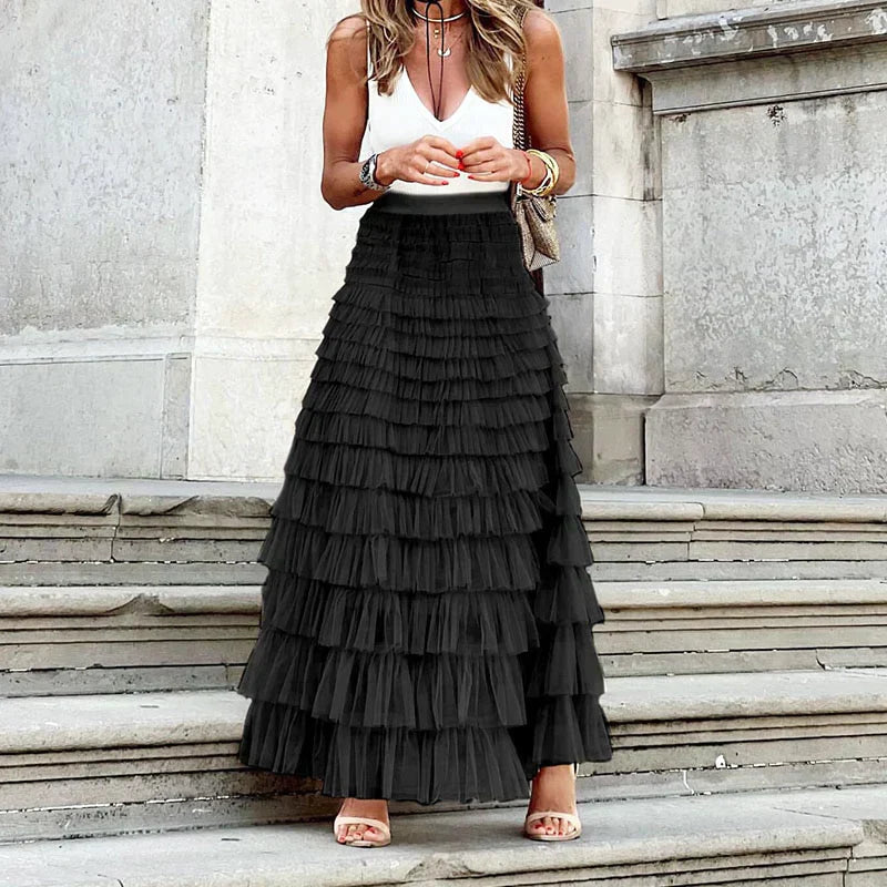 Women's Tiered Tulle Maxi Skirt - Elasticated High Waist and Multi-Layer Ruffles 3