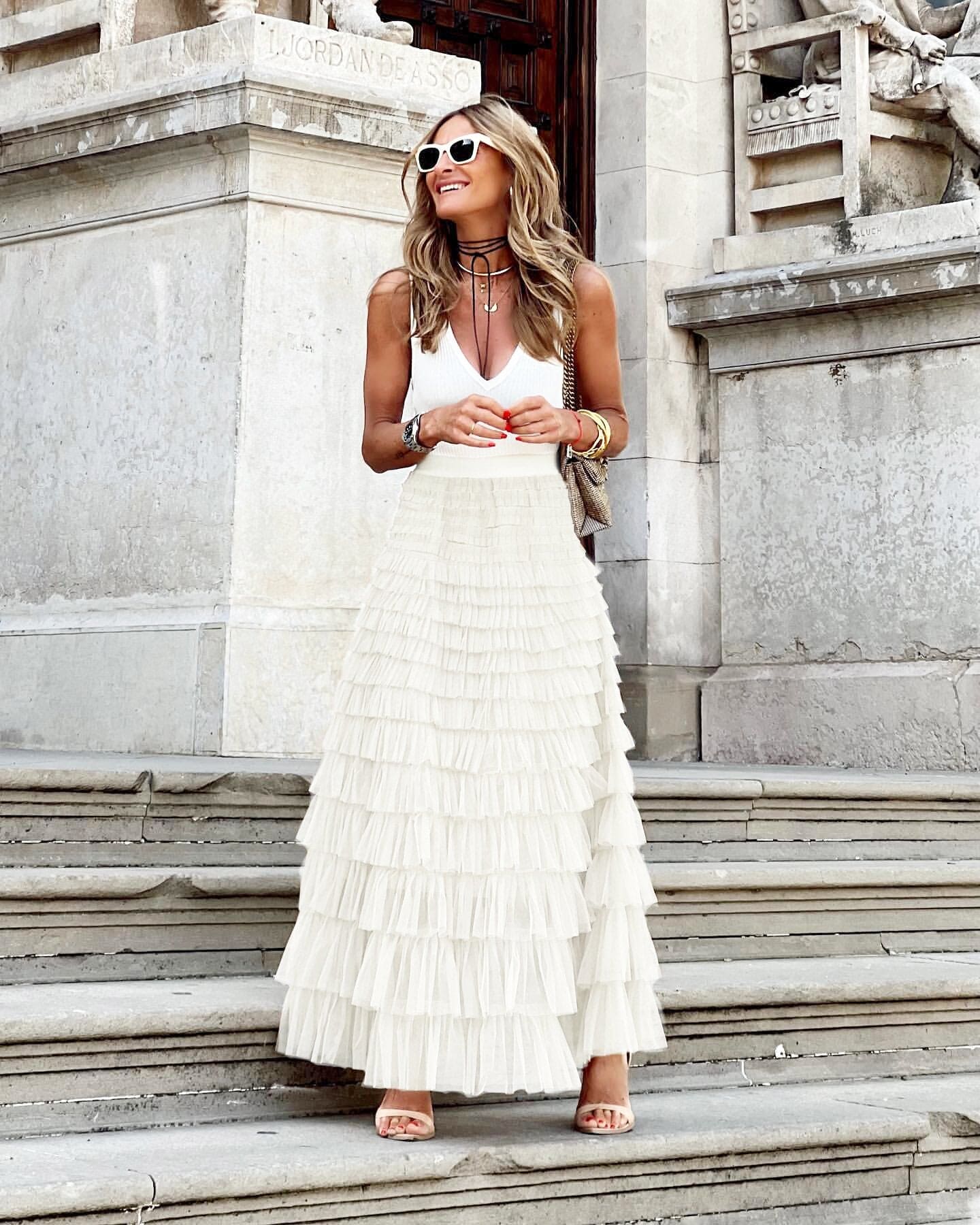 Women's Tiered Tulle Maxi Skirt - Elasticated High Waist and Multi-Layer Ruffles 4