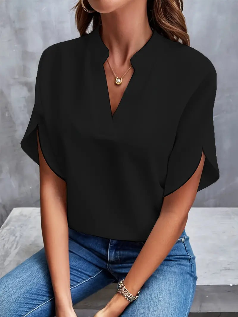 Women's V-Neck Blouse - Flutter Sleeves - Collar Detail - Relaxed 1