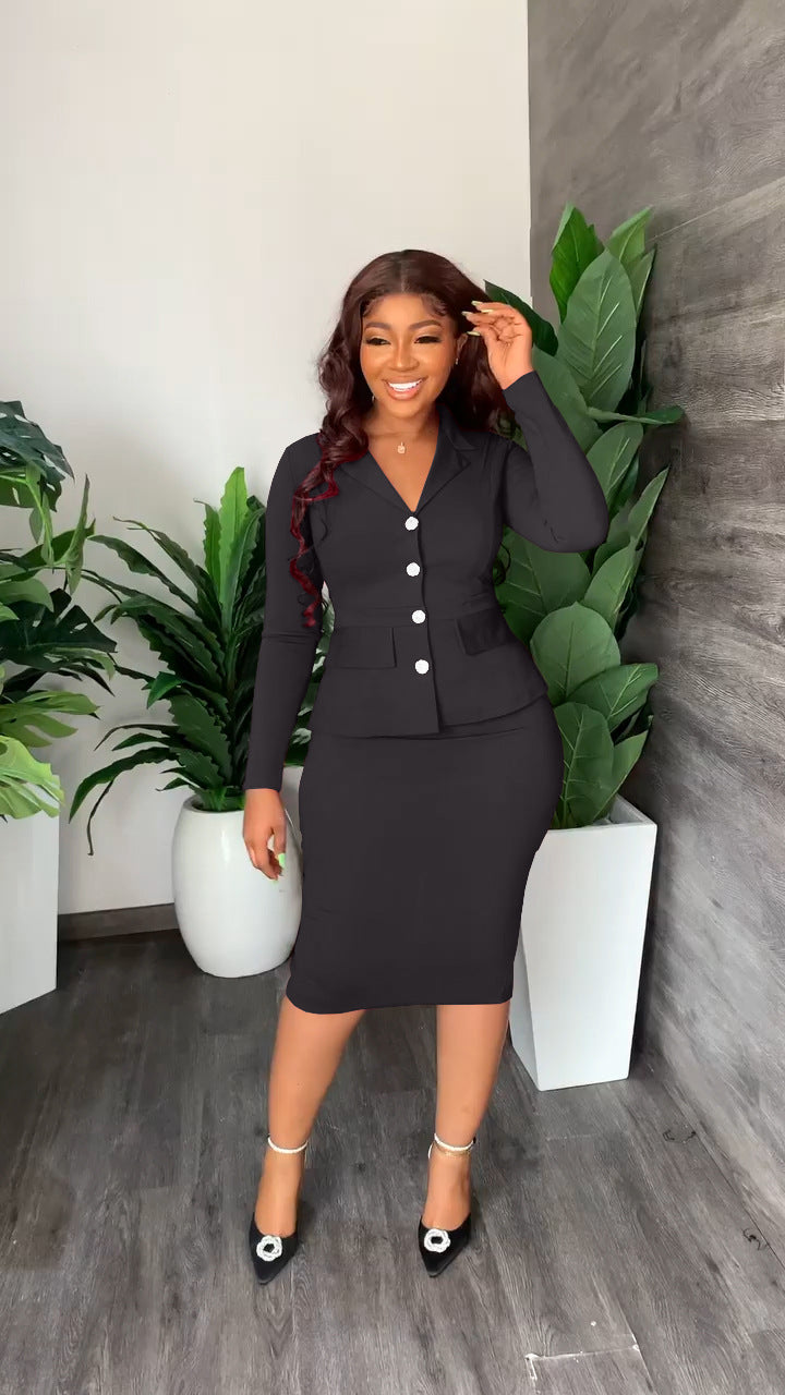 Women's V-Neck Button Front Blazer - Pencil Skirt Two Piece Set 0