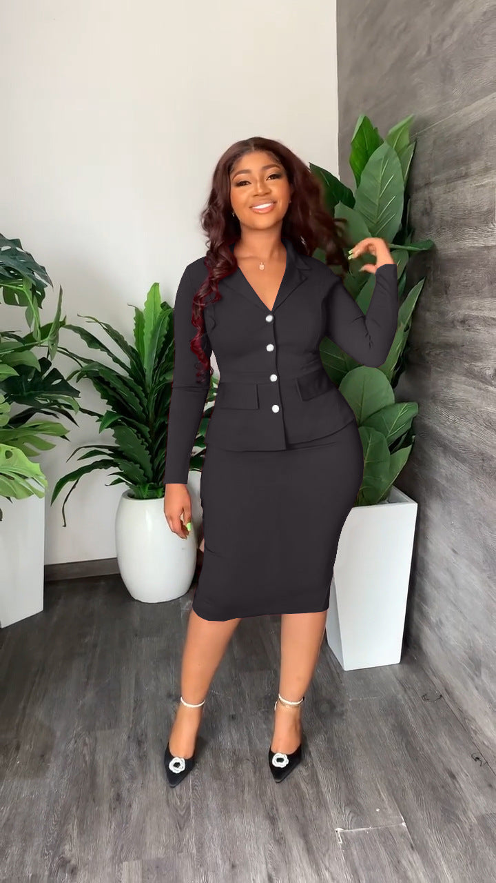Women's V-Neck Button Front Blazer - Pencil Skirt Two Piece Set 1
