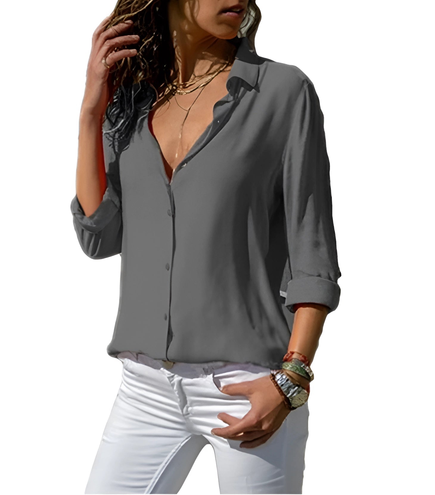 Women's V-Neck Button Front Relaxed Fit Blouse - Long Sleeve 8