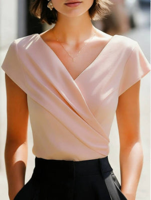 Women's V-Neck Draped Cap Sleeve Blouse - Wrap Front 1