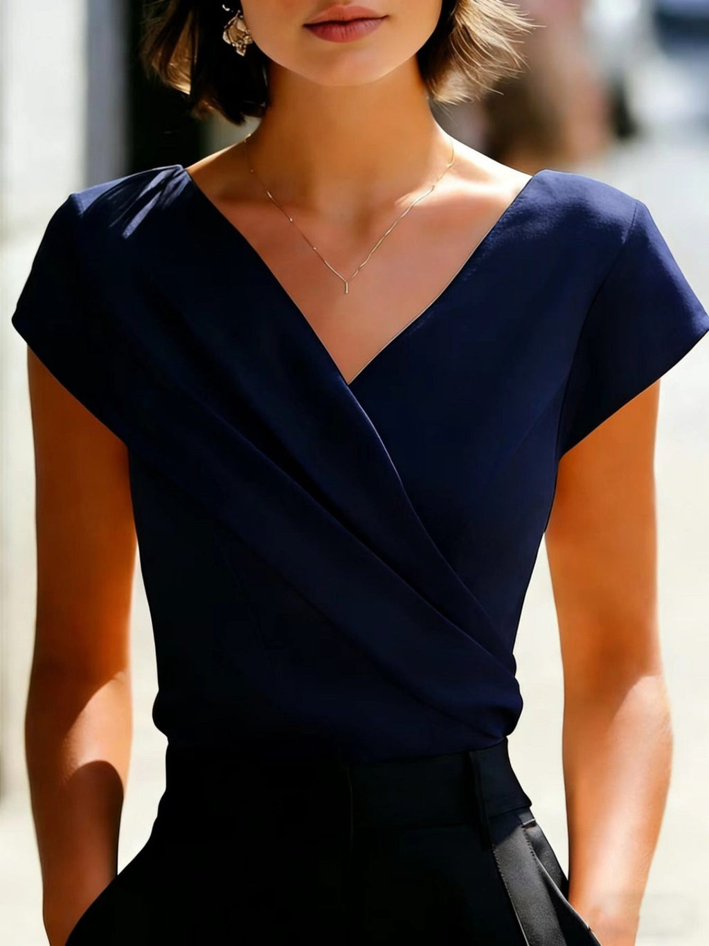 Women's V-Neck Draped Cap Sleeve Blouse - Wrap Front 3