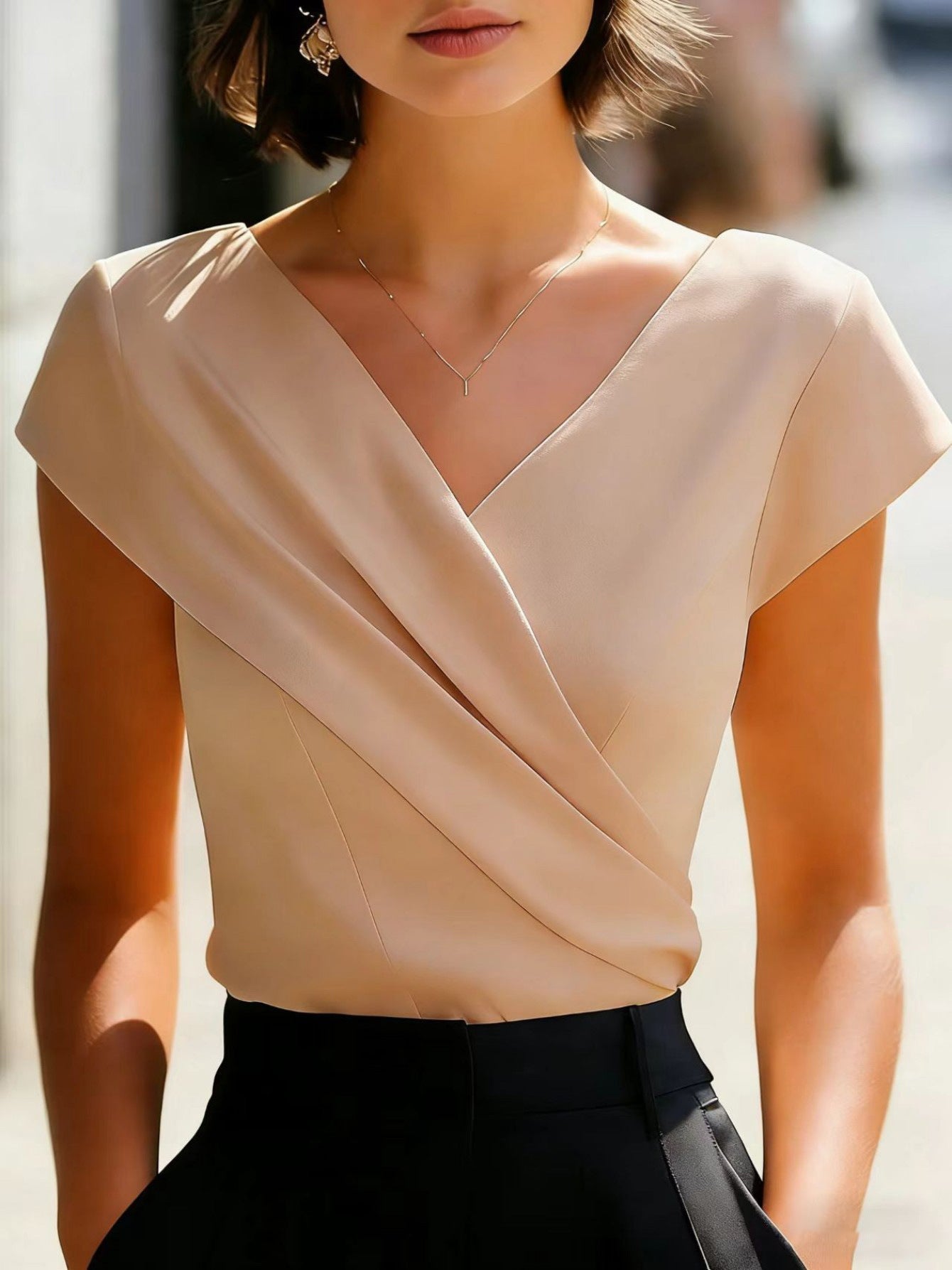 Women's V-Neck Draped Cap Sleeve Blouse - Wrap Front 4