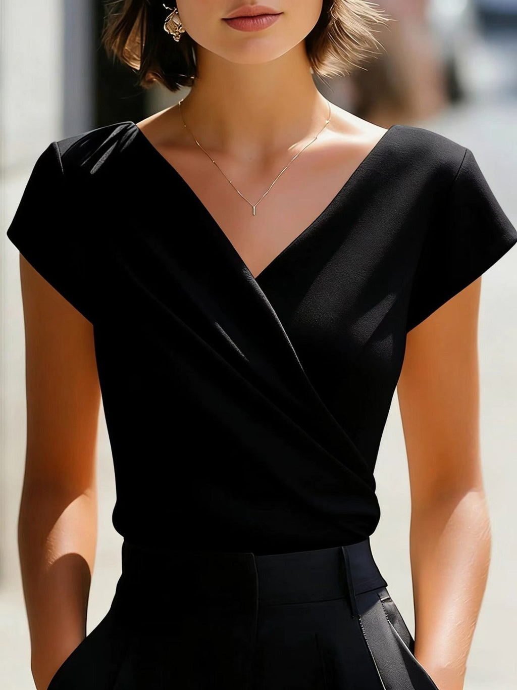 Women's V-Neck Draped Cap Sleeve Blouse - Wrap Front 5
