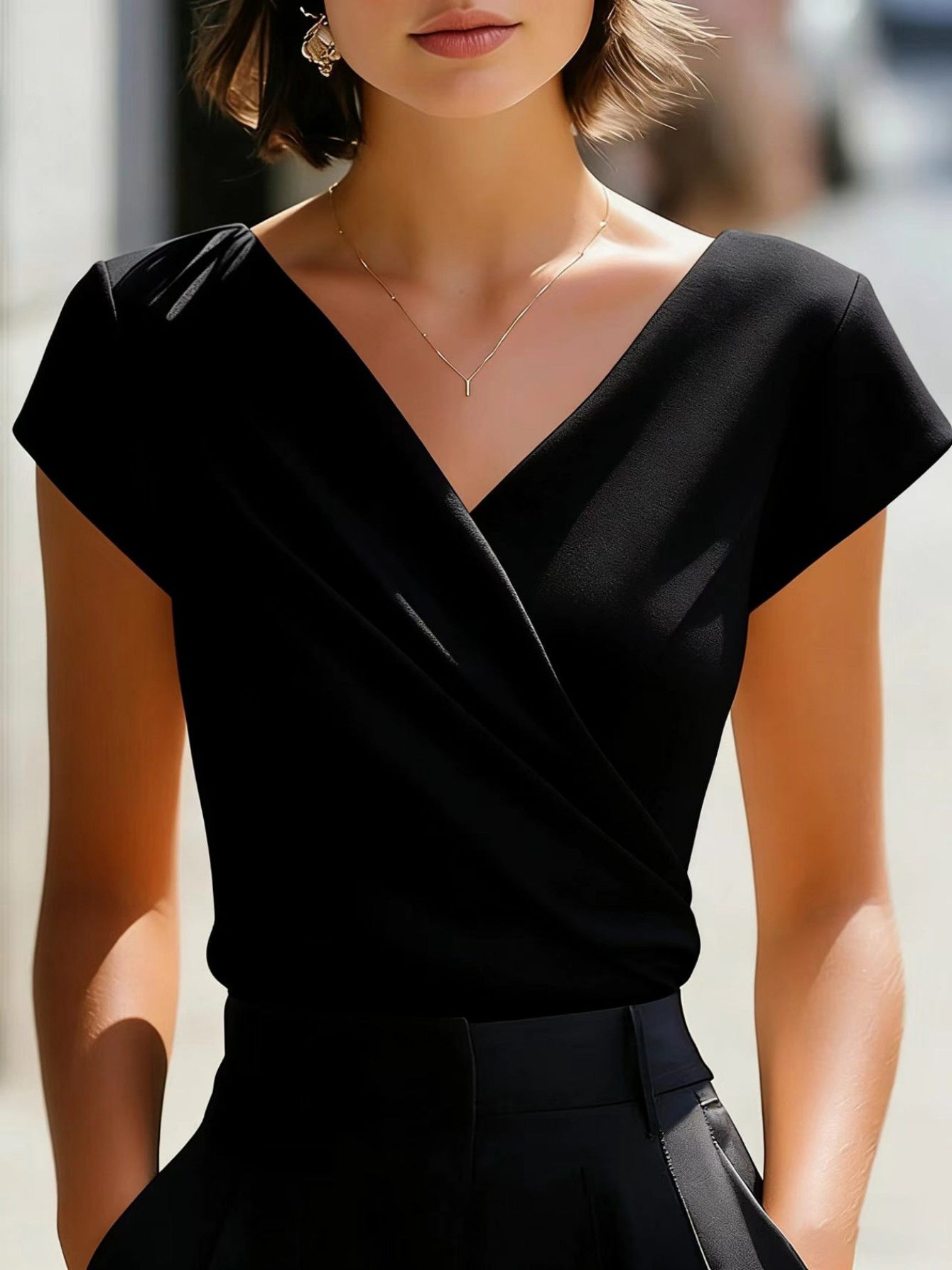 Women's V-Neck Draped Cap Sleeve Blouse - Wrap Front 5