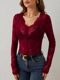 Women’s V-Neck Lace Style Top – Slim Fit Long Sleeves 0