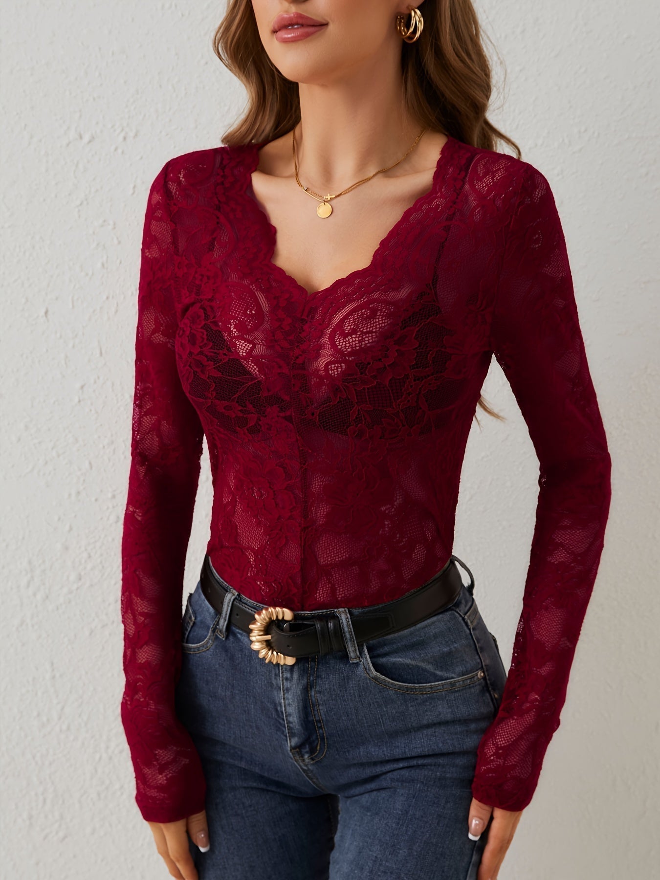 Women’s V-Neck Lace Style Top – Slim Fit Long Sleeves 0