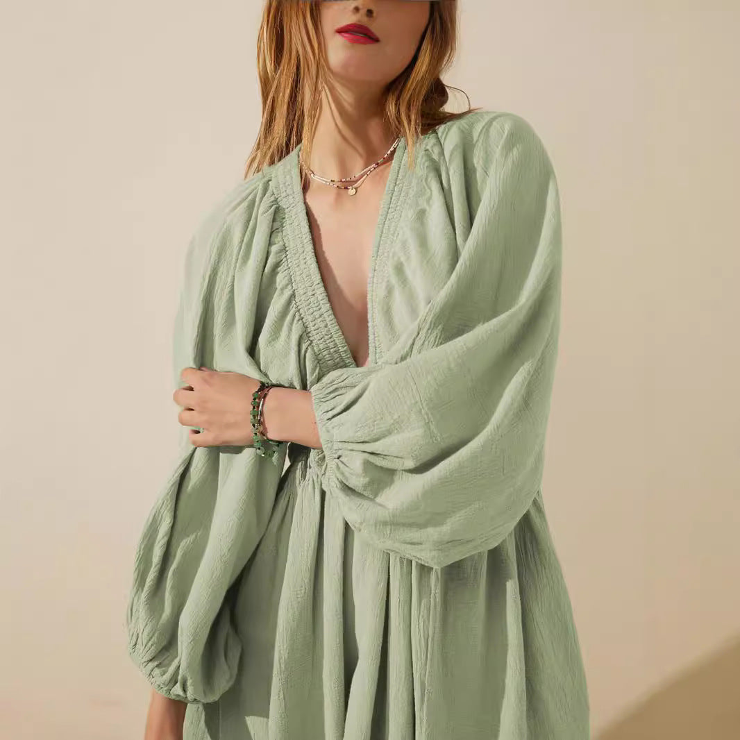 Women’s V-Neck Mini Dress – Long Sleeve – Relaxed Fit 1