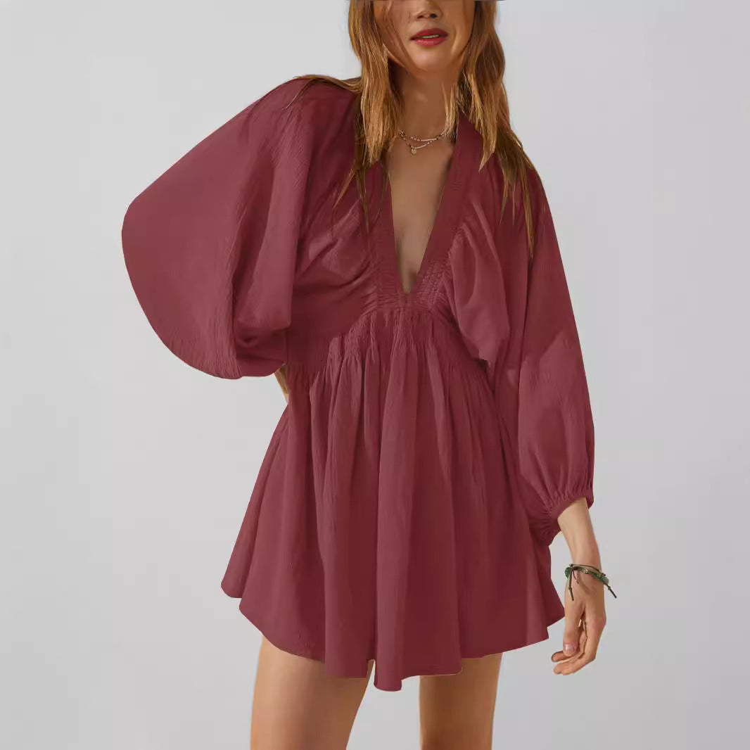 Women’s V-Neck Mini Dress – Long Sleeve – Relaxed Fit 2