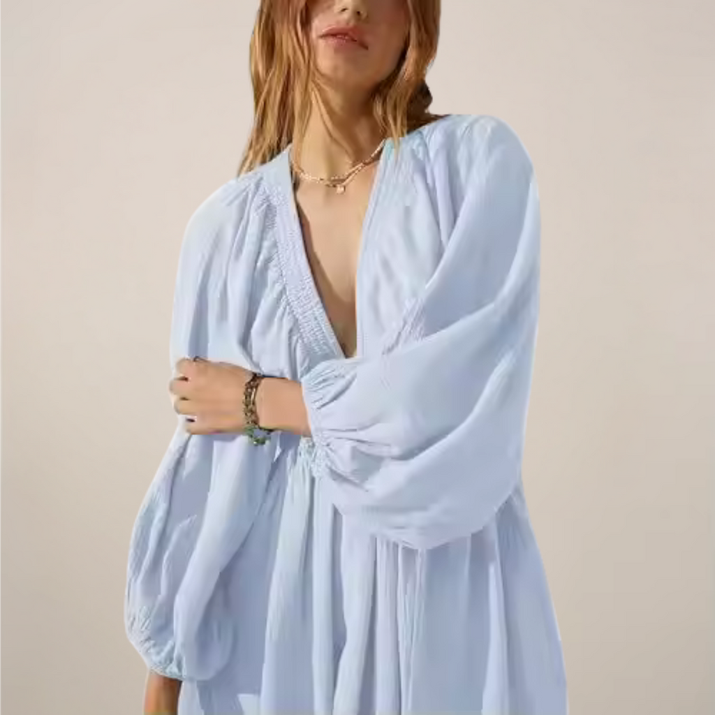 Women’s V-Neck Mini Dress – Long Sleeve – Relaxed Fit 3